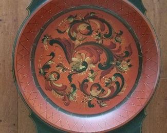 Large wooden bowl with handles painted by Sally Thompson. 1982