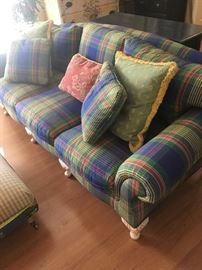 Nifty colorful  Designer sofa w/coordinated foot stool & serving tray