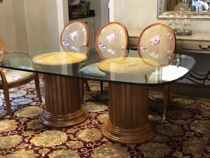Century Furniture glass top dining table with neoclassical double column pedestals