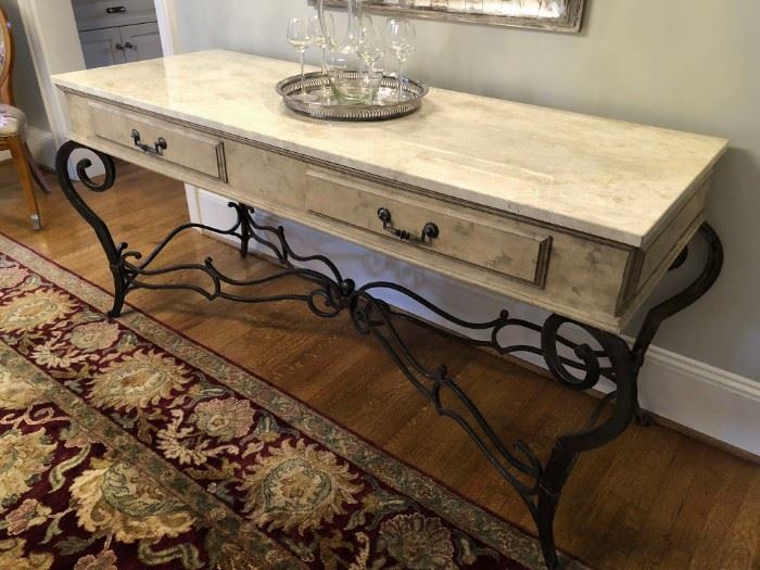Travertine top sideboard with wrought iron base