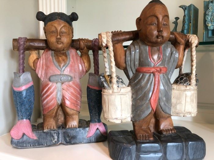 Vintage carved and painted wood Chinese figures