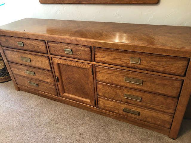 11 drawer Mid Century modern oak dresser with matching mirror
