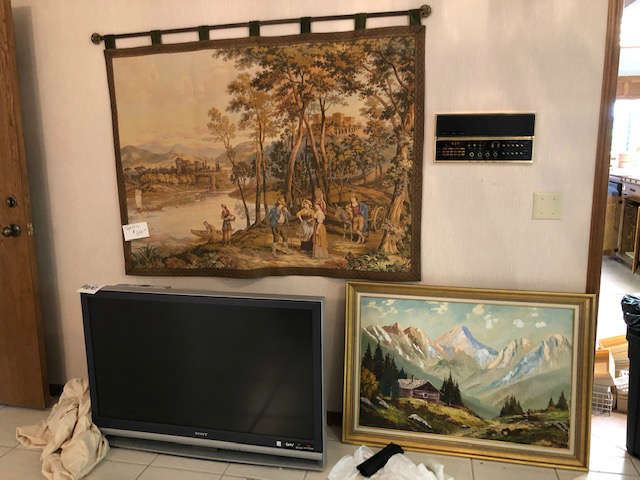 tapestry from the 1950's, painting on canvas and 50" tv