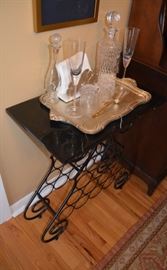 Very nice iron wine bar with marble top, Waterford crystal 