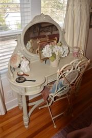 Shabby Chic White Painted Vanity and Wrought Iron Chair