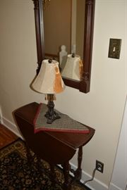 Antique Walnut Gate Leg Table, Mahogany Hall mirror, iron table lamp