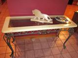 Marble glass sofa table with wrought iron base