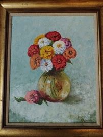Gorgeous signed oil painting of zinnias