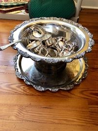 Huge Silver Plate punch bowl and cups with serving platter