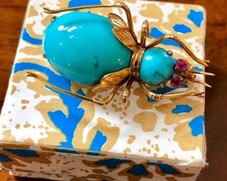 Antique 14K, turquoise bug with ruby eyes