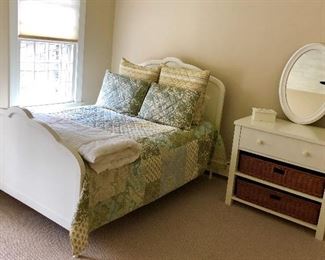Country cute while queen bed and white one drawer side table with basket drawers