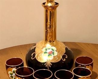 Bohemia Glass, cranberry with gold gilt and hand painted flowers