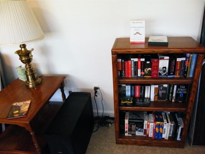 audio books, bookcase, end table