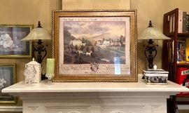  Two matching Tuscan style marble and metal table lamps With glass shades. English countryside decorator art. German anniversary clock runs on motion and keeps perfect time.