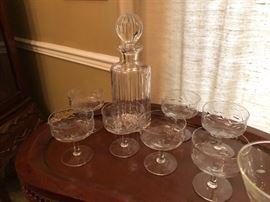 Ribbed Crystal whiskey decanter. Vintage edged compote/champagne coupe. 