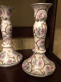  Pink floral candlesticks pair 