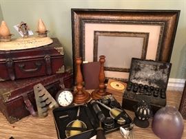 Decorator trunks. Old military brass button cleaning board. Birdseye maple candle sticks. Antique lady’s travel/grooming kit. Circa 1930s.