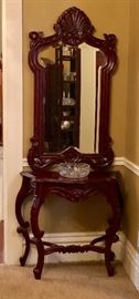  Vintage mahogany hand carved fancy cut mirror and ornate console table.  Reproduction styled in 18th century Rococo/Baroque. 