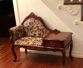 Victorian style Gossip Bench. Jacquard upholstery, side table with drawer. Hand carved mahogany in true Victorian. Style.