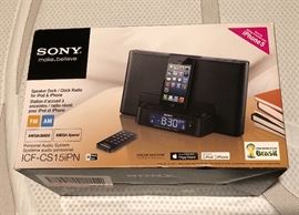 Sony ICF-CS15 iPN iPhone lightning dock, clock, radio, speaker with accessories. New in box. Tested with iphone 7 and works. Same pin as iPhone X.