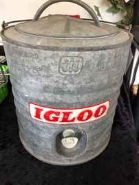 Igloo, galvanized bucket.