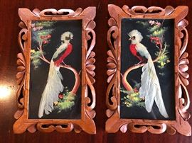Vintage Mexican feather craft. Hand painted and hand applied feathers. Hand carved cedar frames. 