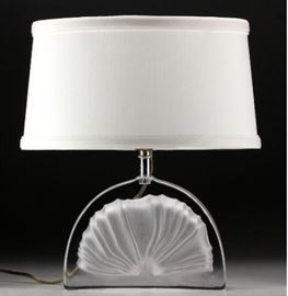 Duam France Clear & Frosted Crystal Table Lamp   Description:
Etch signed Daum France lower right.  With new oval shade.
Condition: Excellent 
Size: Crystal base: 5 1/2 inches. 
Height: Overall: 13 inches. 
Weight: 6 lbs.
Condition Report: Excellent
Notes: 6 lbs.