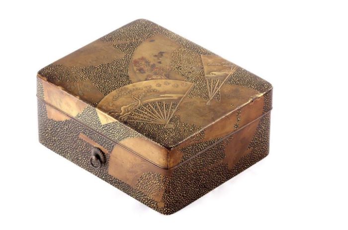 Japanese Lacquered Calligraphy Box                                       Description: Rectangular form, array of scenic fans cover the gold textured top with a interior divided tray over a lower deep compartment.                        