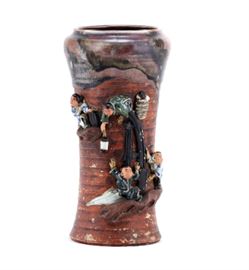 Japanese 19th C. Sumida Gawa Ceramic Vase                        Description: The ceramic body decorated in relief with children playing. Two character mark to base. 
Notes: 2 lbs.