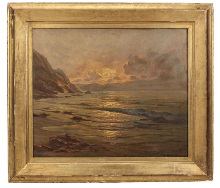 William Columbus Ehrig (American 1892-1973) Oil on Canvas Seascape                                                                                       Description: Artist signed lower right: Wm. C. Ehrig.  
Size: Canvas: 24 1/2 x 30; Frame: 34 x 38 3/4 inches. 
Weight: 13 lbs. 

William Columbus Ehrig was active/lived in Maine.  William Ehrig is known for coastal marine, seascape and landscape painting.
Dimensions: Height of Stirrup Vessel: 8 5/8 inches.
Notes: 13 lbs.
