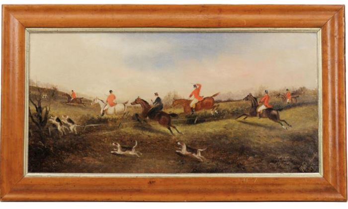Phillip Henry Rideout ( British 1860-1920) Oil on Canvas Fox Hunting Scene                                                          Description: Artist signed lower right: P.H. Rideout dated 1892. In a birds eye maple frame. 
Size: Canvas: 12 x 23 3/4; Frame: 16 1/8 x 28 1/8 inches 
Weight: 3 lbs.
Notes: 3 lbs.