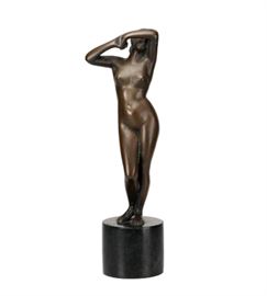Anonymous Continental 20th C. Bronze Sculpture Female Nude                                                                          Description: Unsigned bronze female nude standing on a cylindrical marble base. 
Height: Figurine:13; Overall: 16 1/2 inches. 
Condition: Chips along upper rim of marble plinth. 
Weight: 12 lbs.
Notes: 12 lbs.