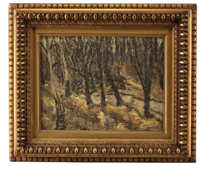 William Bils (American 1872-1944) Oil on Panel Landscape                                                                               Description: Artist signed lower right: W. Bils. 
Size: Panel: 6 3/8 x8 5/8                                                          Frame: 10 3/4 x 12 3/4 inches. 
Condition: Good. Frame with small section missing upper left. 
Weight: 2 lbs. 
Biography: 
William Bils [1872-1944] was a German-born landscape painter who settled in Brooklyn, NY.  BilsÛª training is unknown but he may have been trained in Paris, living in Drancy, Paris and in his native Germany.  His work was influenced by the DÌ_sseldorf school and Barbizon school of painting which could indicate that he comes from Dusseldorf.  
Bils appears in Brooklyn newspapers as a renter of rooms in his home, seven bedrooms, near Prospect Park, Brooklyn at 628 Bergen Street in 1911 and 1912.  Prospect Park, most probably due to its proximity became the artistÛªs prime subject for his art work.  Bil
