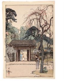 Hiroshi Yoshida (Japanese 1876-1950) Woodblock Print Plum Gateway                                                                        Description: Artist signed lower right: Printed signature and titled, Plum Gateway. 
Size: Oban 16 x 10 3/4 inches. 
Condition: Celophan tape remnants along upper border. Minor matt burn. A few tears long the upper right corner. 
Weight: 1 ounce. 
Biography: 
"Hiroshi Yoshida was a leading figure in the 'shin hanga' (or new print) movement.  He worked primarily as a painter until his late forties when he became fascinated with woodblock printing. After working with the Watanabe print shop for several years, Yoshida decided to fund his own workshop.  Unlike ukiyo-e artists, he was intimately involved in all parts of the printmaking process.  He designed the key blocks, chose the colors for the prints, and supervised the printers. In some cases, he even helped to carve the printing blocks. This was unusual, considering the traditional division of labor 