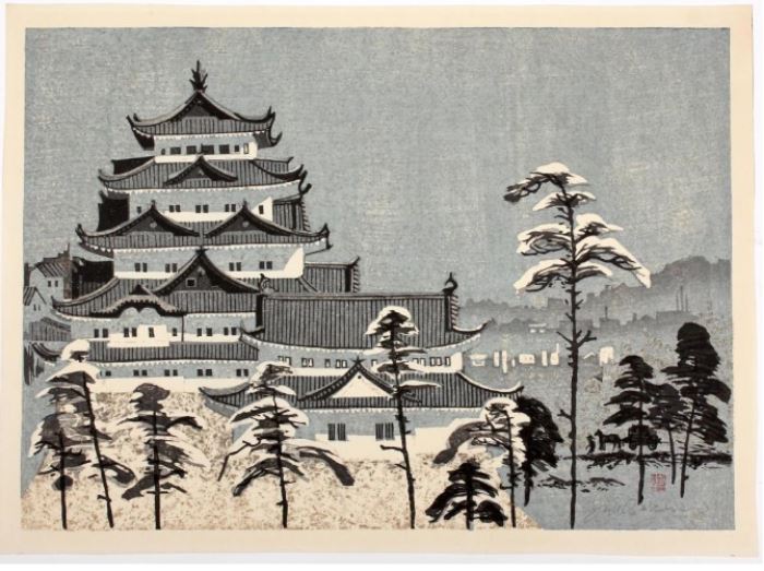 Junichiro Sekino (Japanese 1914-1988) Woodblock Print Castle in Snow                                                                Description: Artist signed in pencil and with artist seal lower right. 
Condition: Excellent 
Weight: 1 ounce 
Size: 13 7/8 x 19 inches. 
Junichiro Sekino, a painter, graphic designer and a woodblock* print maker was one of the noted artists of the Sosaku Hanga* movement, an important current of Japanese art. 

Sekino was stylistically and technically diverse: he easily switched from figurative to abstract art, from black and white compositions to colourful expression. He was also flexible with subjects.  Sekino sometimes resorted to mixing Western and Japanese techniques in his works. 

He grew up in Aomori City alongside Shiko Munakata, the future 'Japanese Picasso', studying printmaking and oil painting. 1936 brought him a Bunten award for his etching*, awarded by the government. In 1939 he moved to the capital, where he came across the Sosaku Hanga mov