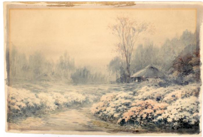 A. Yoshida (Japanese 20th C.) Watercolor on Paper       Description: Artist signed lower right: A. Yoshida. 
  
Size: 13 3/8 x 20 inches. 
Condition: Toned, matt burned, old tape residue to upper border, and small rip on left side. * 
Weight: 1 ounce. 
Size: 13 3/8 x 20 inches. 
Weight: 1 ounce.
Notes: 1 ounce.