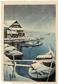 Hasui Kawase (Japanese 1883-1957) Woodblock Print Snow at Mukojima                                                                    Description: Size: 15 1/4 x 10 3/8 inches. 
Condition: Paper loss to lower left corner. Very good impression. 
 