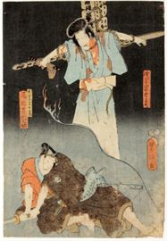 Toyakuni III (Japanese 1786-1864) Woodblock Print       Description: Condition: Rubbed, stained, creases and backed in areas.
