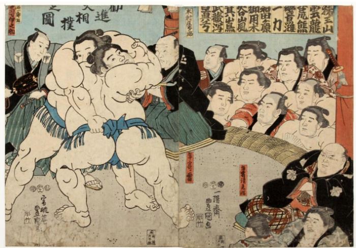 Toyakuni III (Japanese 1786-1864) Woodblock Print Diptych Sumo Wrestlers                                                                 Description: Size: 13 1/8 x 17 7/8 inches. 
Condition: Trimmed, backed, rubbed, soiled and stained.