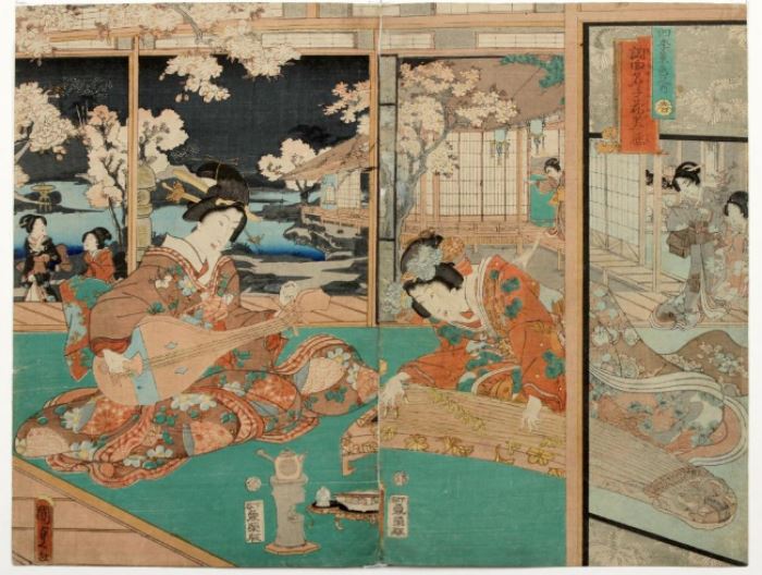  Toyakuni III (Japanese 1786-1864) Woodblock Print Diptych                                                                                  Description: Size: 13 3/4 x 17 1/4 inches. 
Condition: Good impression, backed, minor rubbing, stains.