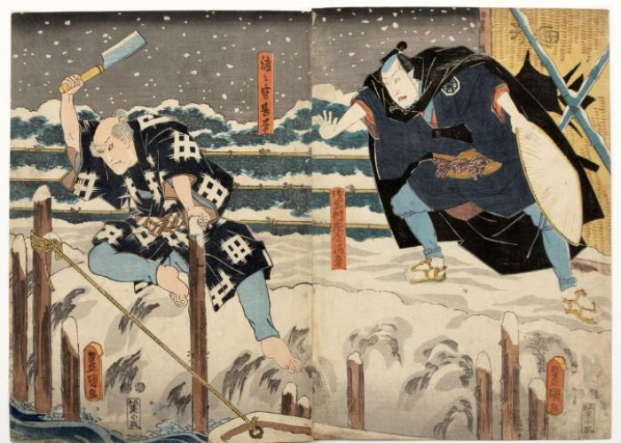  Toyakuni III (Japanese 1786-1864) Woodblock Print Diptych                                                                                  Description: Size: 13 3/4 x 17 1/4 inches. 
Condition: Good impression, backed, minor rubbing, stains.