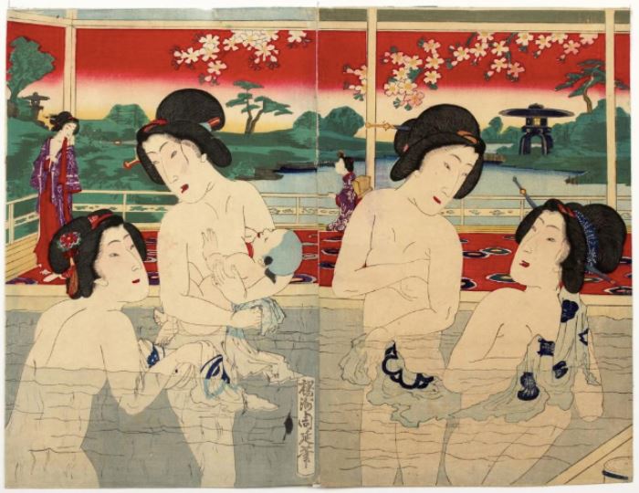 Chikanobu (Japanese 1838-1912) Woodblock Print Diptych Bath House                                                                           Description: Size: 14 1/2 x 18 7/8 inches. 
Condition: Good impression, small thin area upper border.