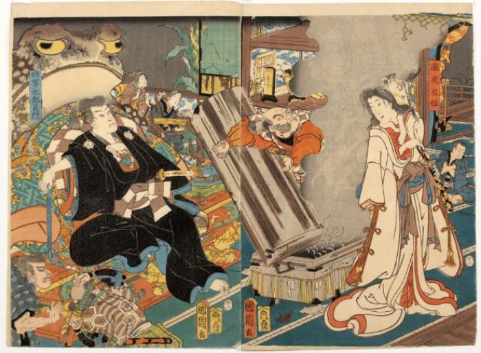Kunichika (Japanese 1835-1900) Woodblock Print Diptych                                                           
Description: Size: 14 3/4 x 20 inches. 
Condition: Good impression, slightly toned, a few pin holes