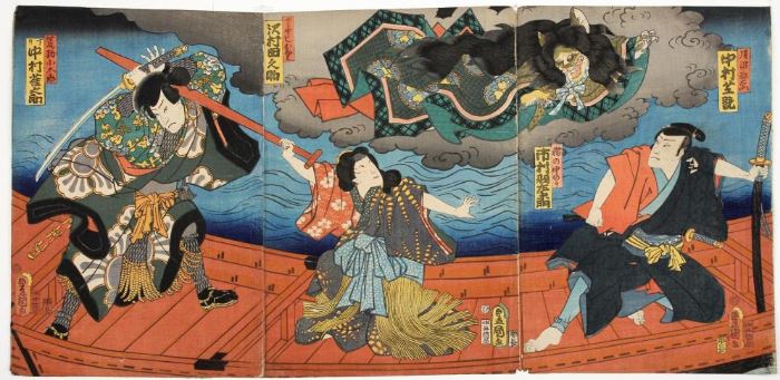 Toyakuni III (Japanese 1786-1864) Woodblock Print Triptych                                                                                      Description: Size: 14 1/8 x 29 inches. 
Condition: Good impression and color, trimmed, backed some soiling where seamed. 
Weight: 4 ounces.
Notes: 4 ounces.