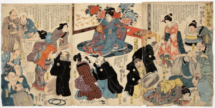 Kuniyoshi ( 1798-1861) Woodblock Print Diptych Triptych                                                                                                 Description: Size: 14 3/8 x 29 7/8 inches. 
Condition: Good impression. Faded, toned, stained, some losses of paper along lower border. 
Weight: 4 ounces.
Dimensions: 14 x 29 inches.
Notes: 4 ounces.