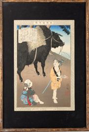 Kyochika Kobayashi (Japanese 1847-1915) Woodblock Print                                                                                          Description: Framed and under glass.  
Condition: Very Good 
Size: Print: 13 5/8 x 9 1/8; Frame: 20 x 13 5/8 inches. 
Weight: 2 lbs 3 ounces.
Condition Report: Very Good
Notes: 2 lbs 3 ounces.