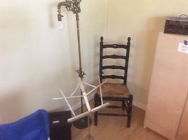 Vintage floor lamp, very old ladder back chair. 