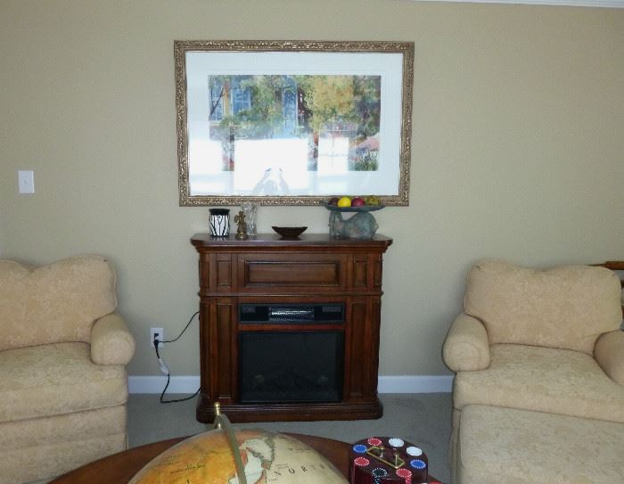 nice electric fireplace, original, signed framed painting & 2 club chairs - the fireplace is sold but these great, comfy chairs are still available