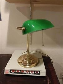Vintage Banker's Lamp Glass Emerald Green Shade/Brass Base & Vintage Memorex Power Center Surge Suppressor!