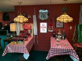 Lots of Collectible Coca Cola!! Tiffany Style Lamps Not For Sale! Authentic Retired "No Parking Anytime" Street Sign! Route 66 Neon Light!
